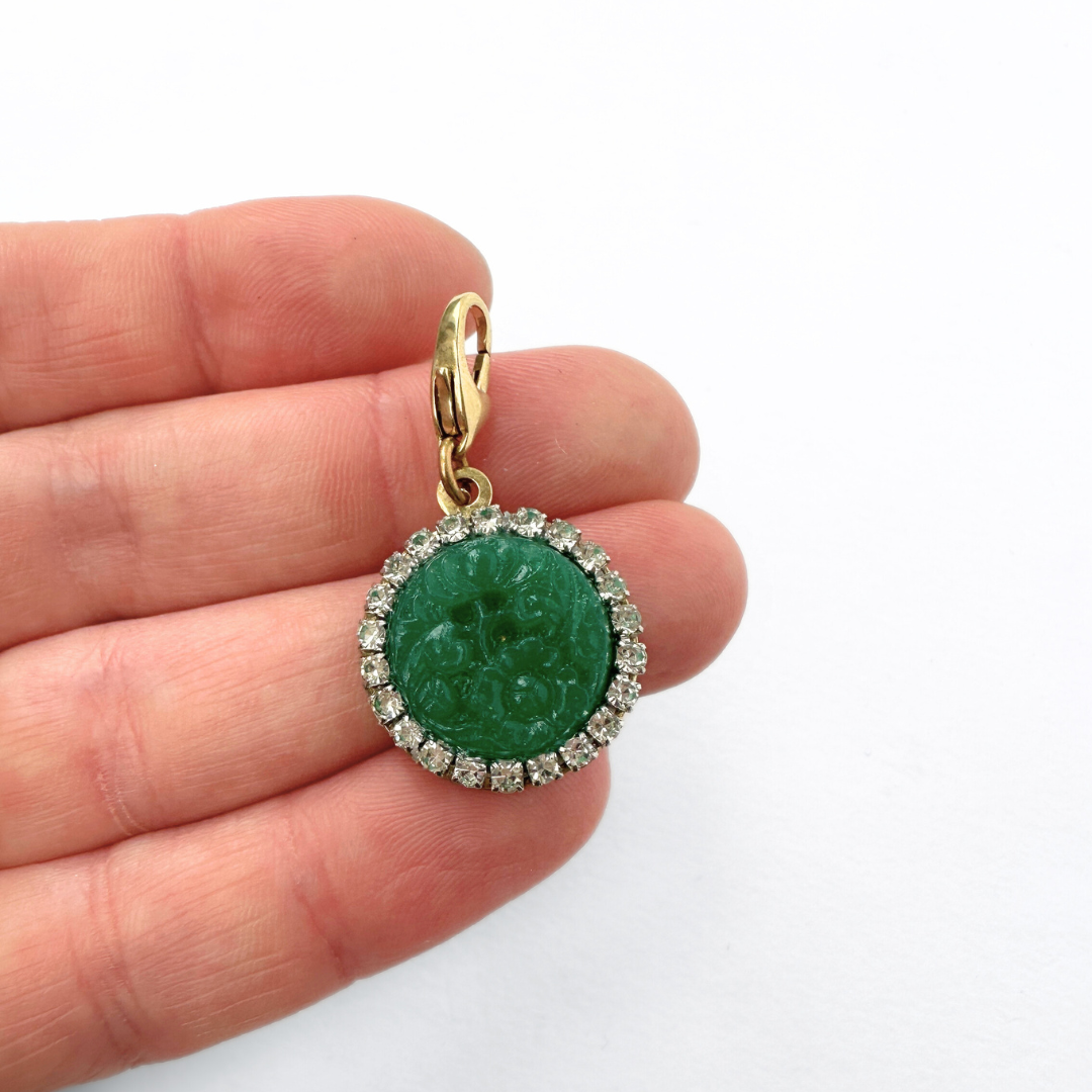 Vintage pierced green jade floral and rhinestone charm