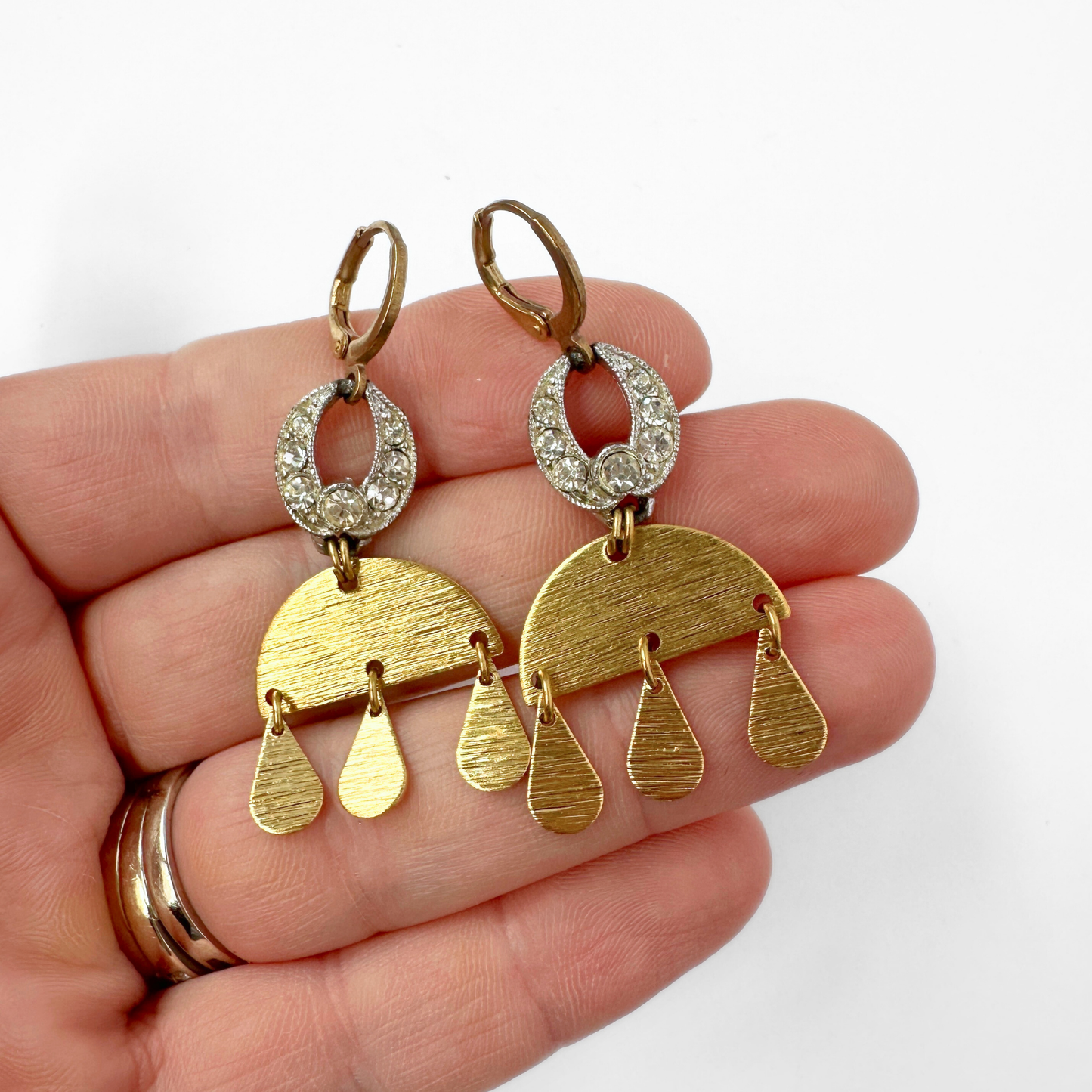 Clear vintage rhinestone and brass disc chandelier earrings