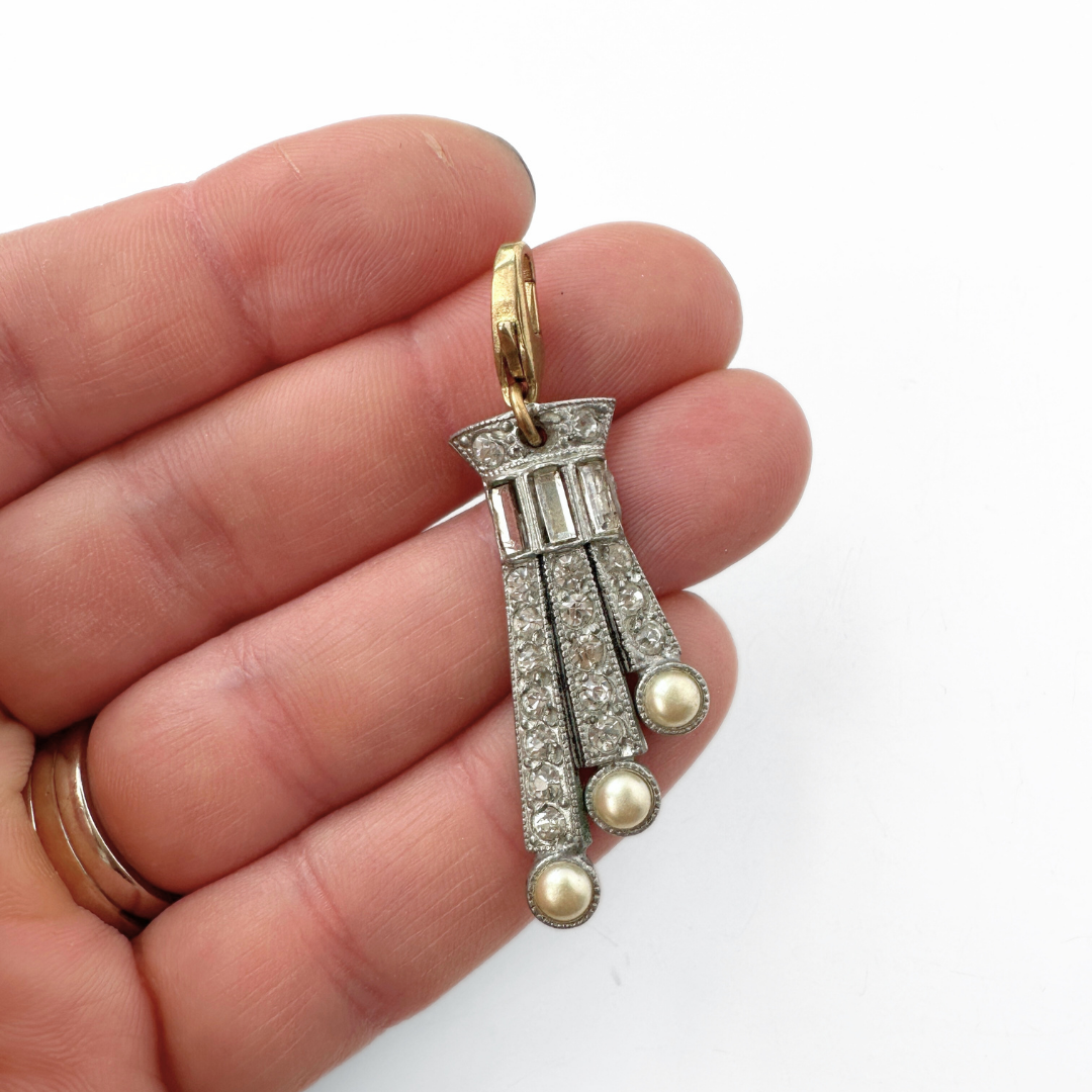 Vintage clear rhinestone and pearl asymmetrical art deco charm