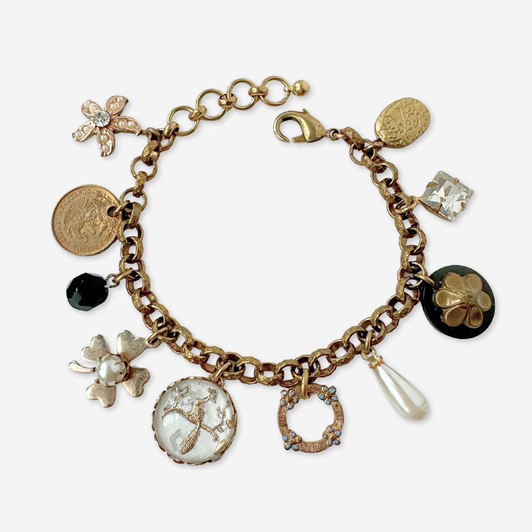 Repurposed vintage pearl and gold tone peacock charm bracelet