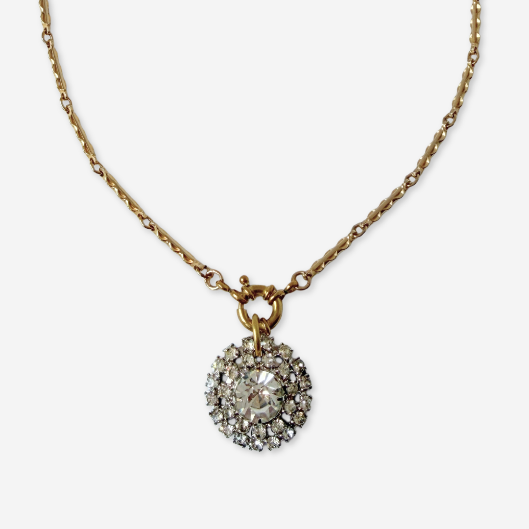 Refashioned vintage round rhinestone pendant on gold bar chain