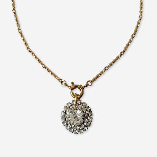 Refashioned vintage round rhinestone pendant on gold bar chain