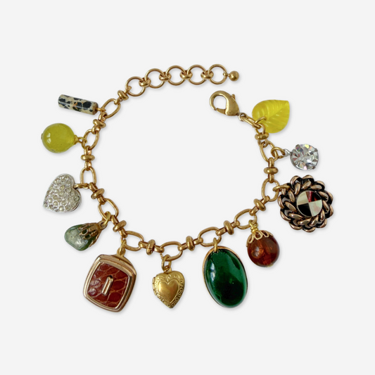 Repurposed vintage green and brown mixed charm bracelet