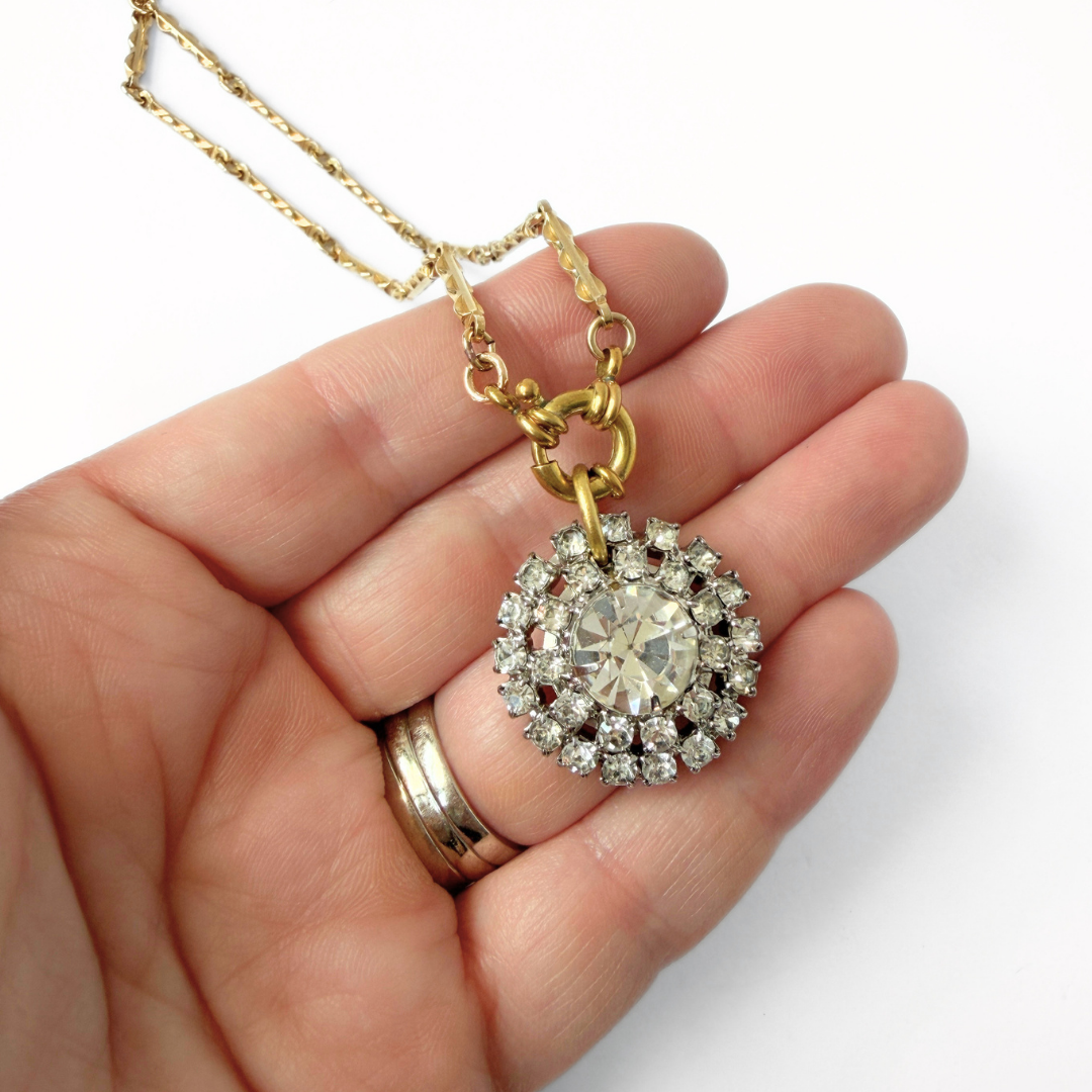 Refashioned vintage round rhinestone pendant on gold bar chain