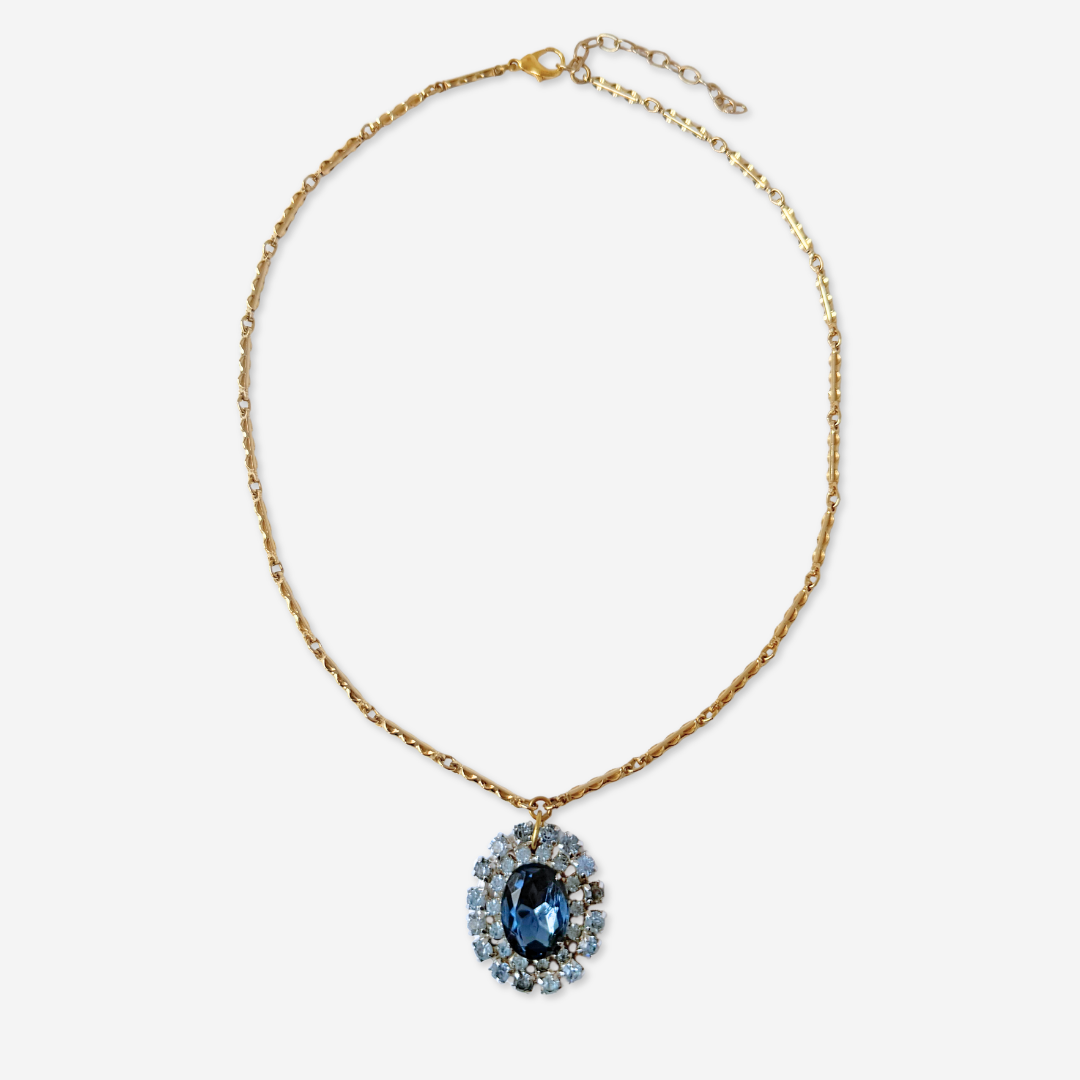 Vintage two-tone blue rhinestone oval pendant necklace