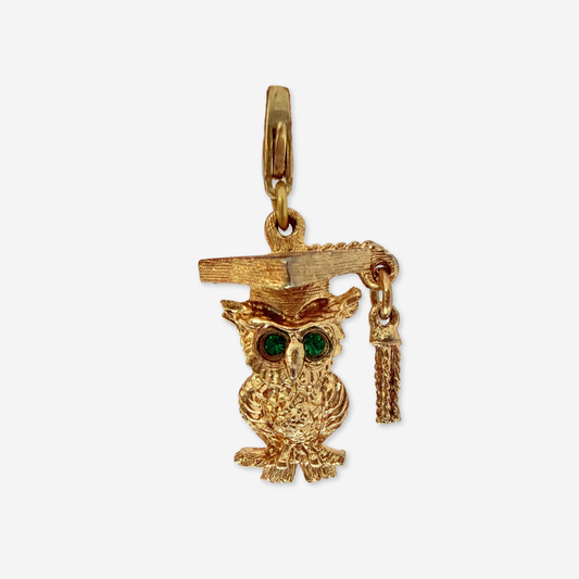 Vintage gold tone graduation owl charm