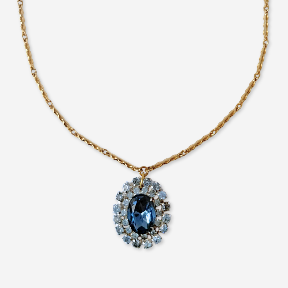 Vintage two-tone blue rhinestone oval pendant necklace