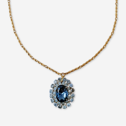 Vintage two-tone blue rhinestone oval pendant necklace