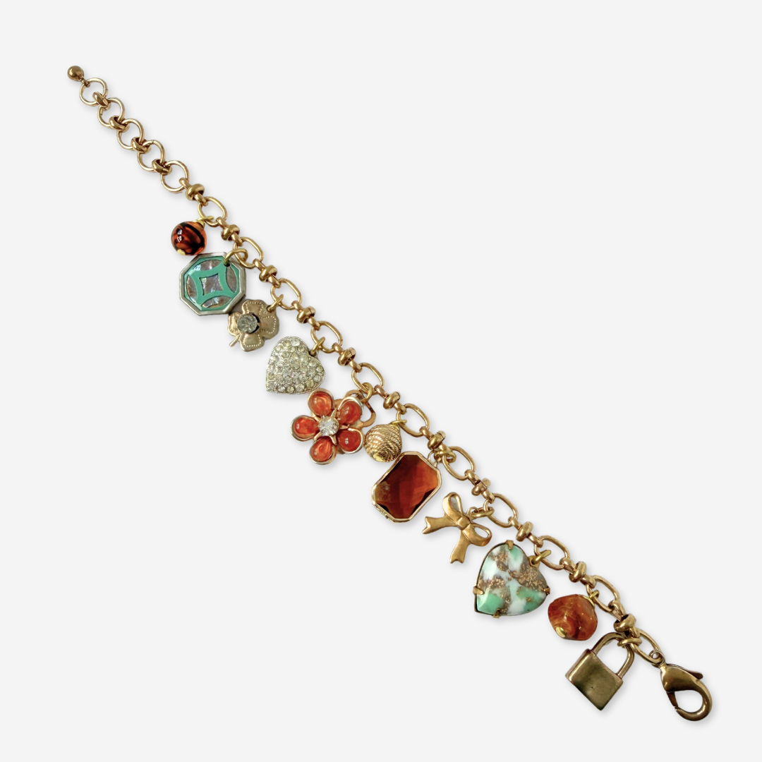 Repurposed vintage mixed turquoise and amber charm bracelet