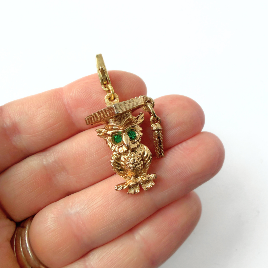 Vintage gold tone graduation owl charm