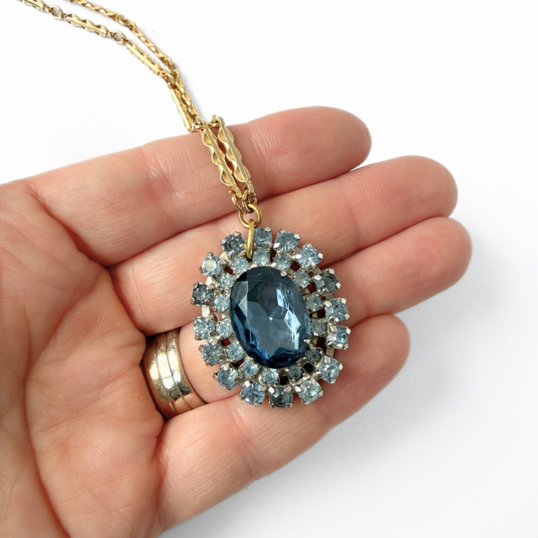 Vintage two-tone blue rhinestone oval pendant necklace