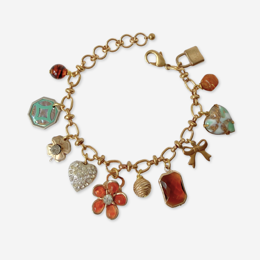 Repurposed vintage mixed turquoise and amber charm bracelet