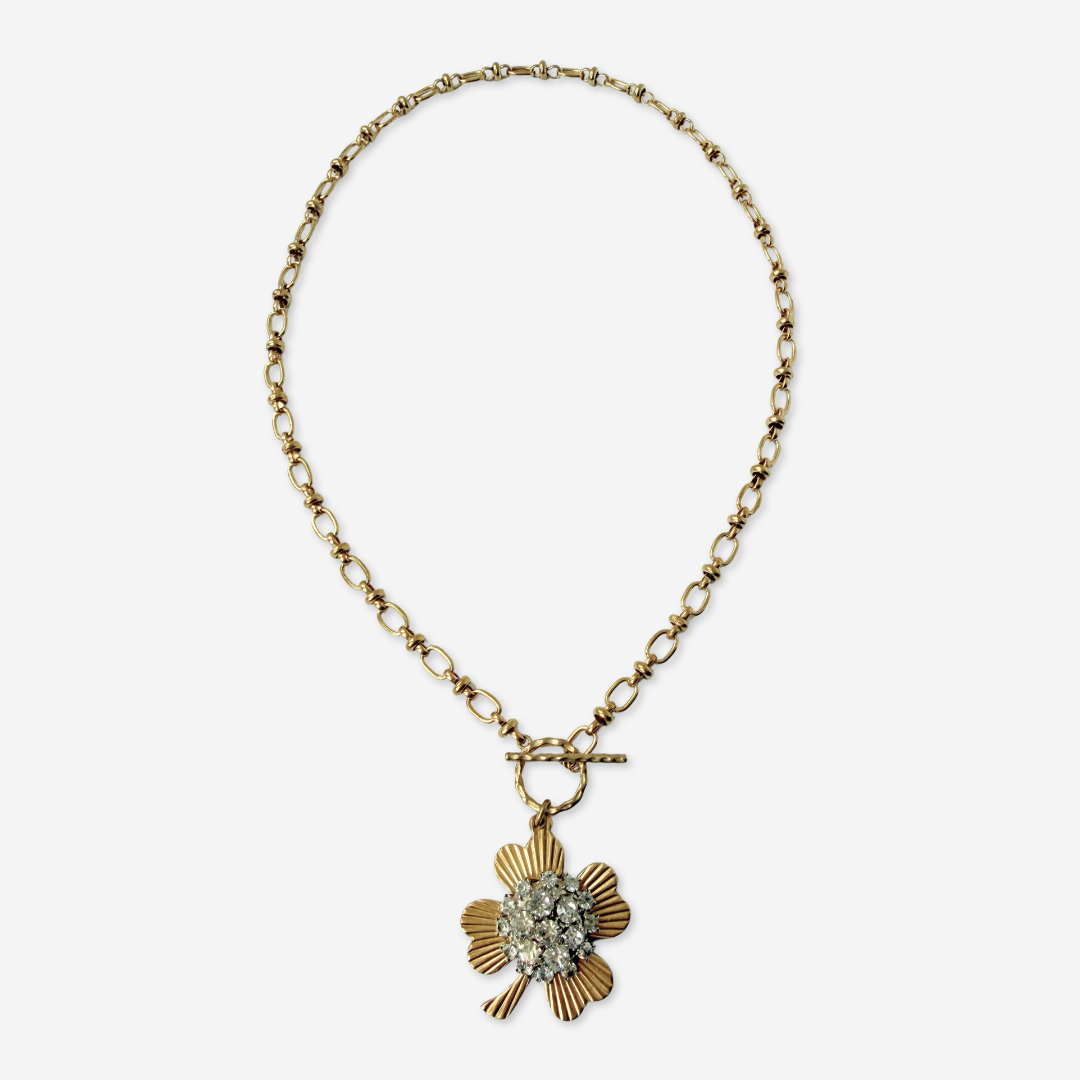 Large solid brass four leaf clover pendant with vintage clear rhinestone embellishment