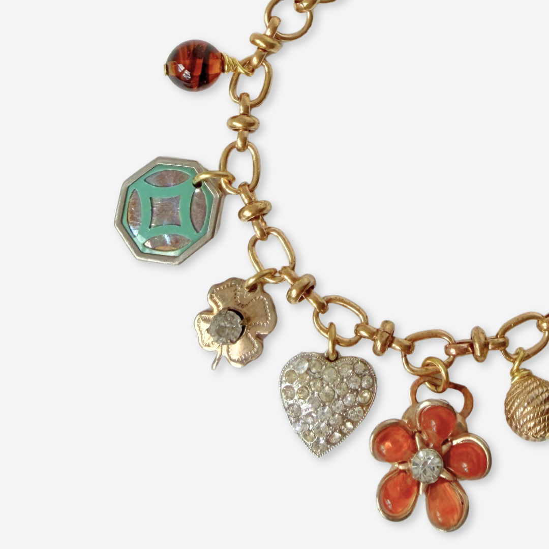 Repurposed vintage mixed turquoise and amber charm bracelet