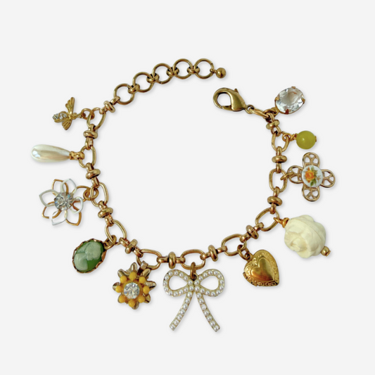 Repurposed vintage yellow and green mixed charm bracelet