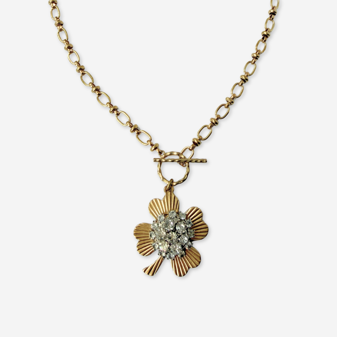 Large solid brass four leaf clover pendant with vintage clear rhinestone embellishment