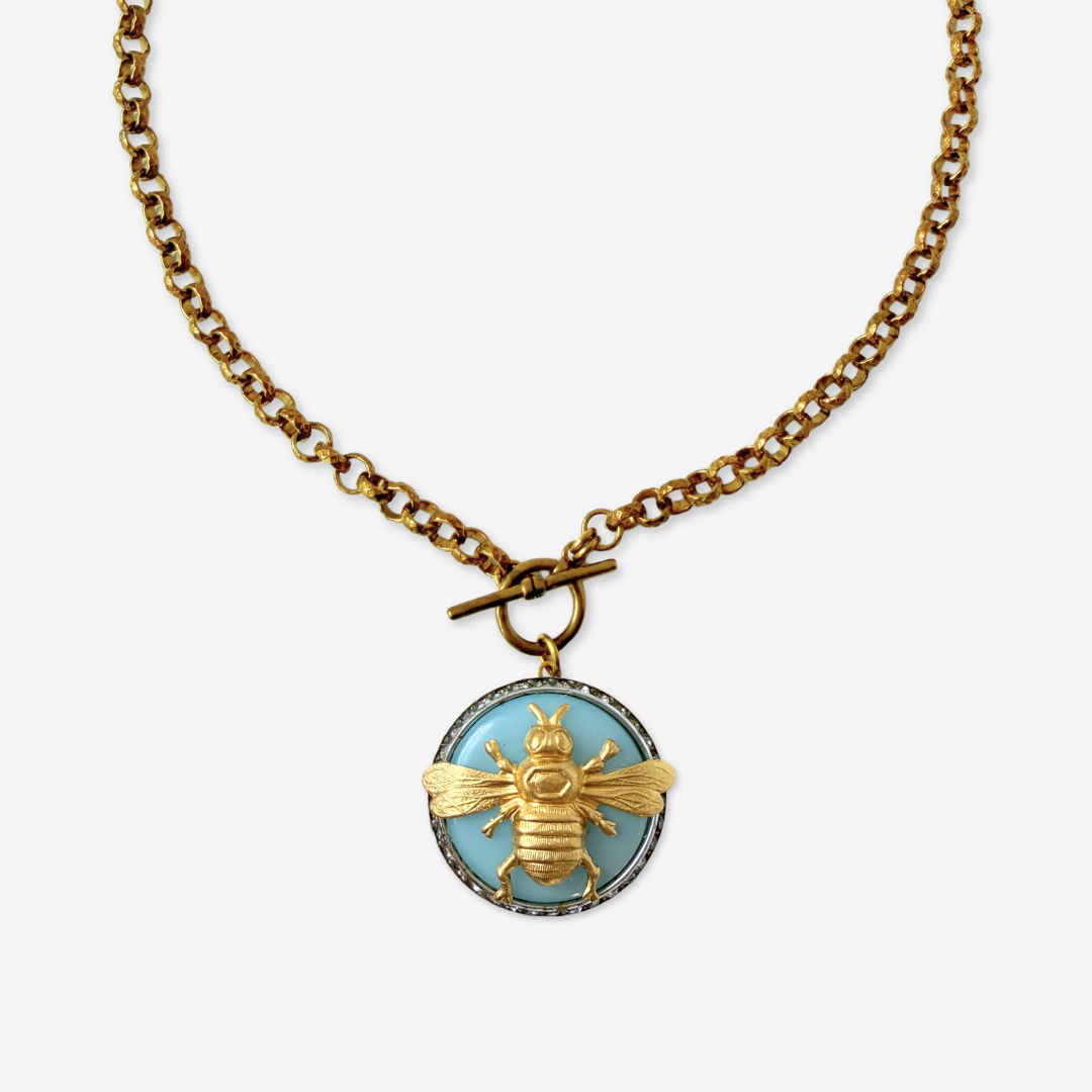 Refashioned vintage light blue and rhinestone brass bee pendant