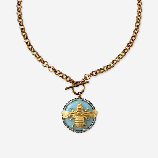 Refashioned vintage light blue and rhinestone brass bee pendant