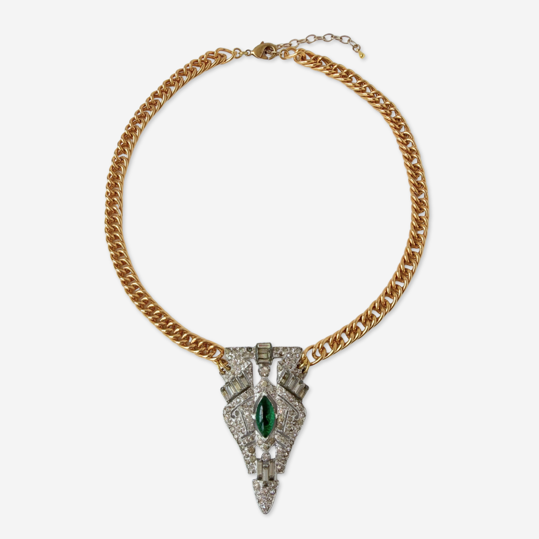 Large refashioned vintage clear and green rhinestone pendant necklace