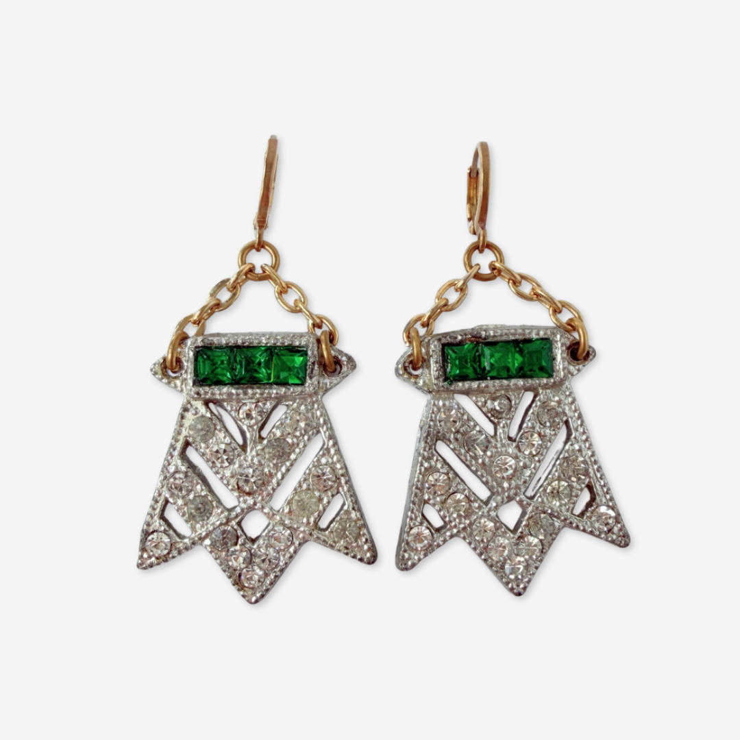 Vintage Art Deco clear and green rhinestone statement earrings