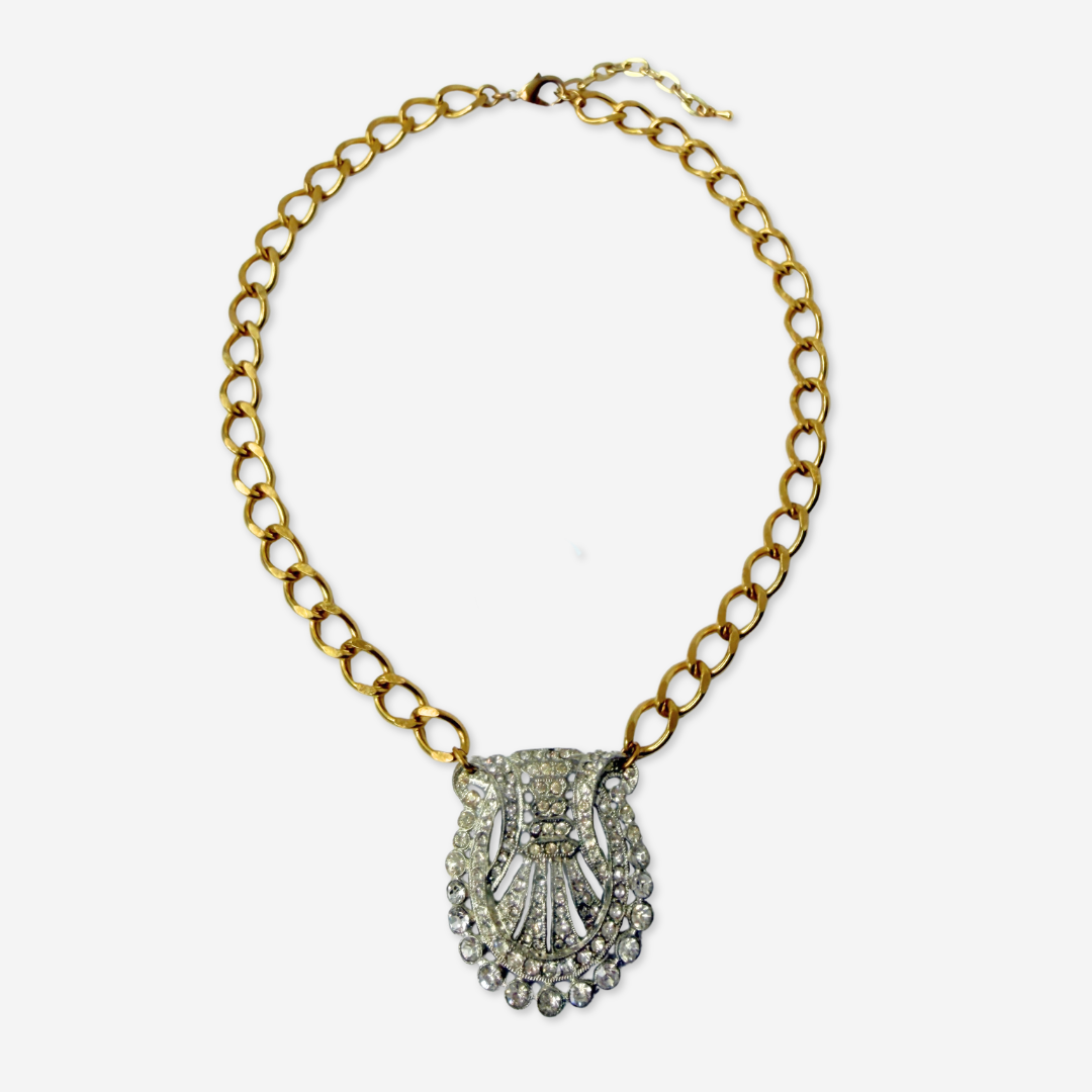 Refashioned vintage clear rhinestone deco necklace with brass curb chain