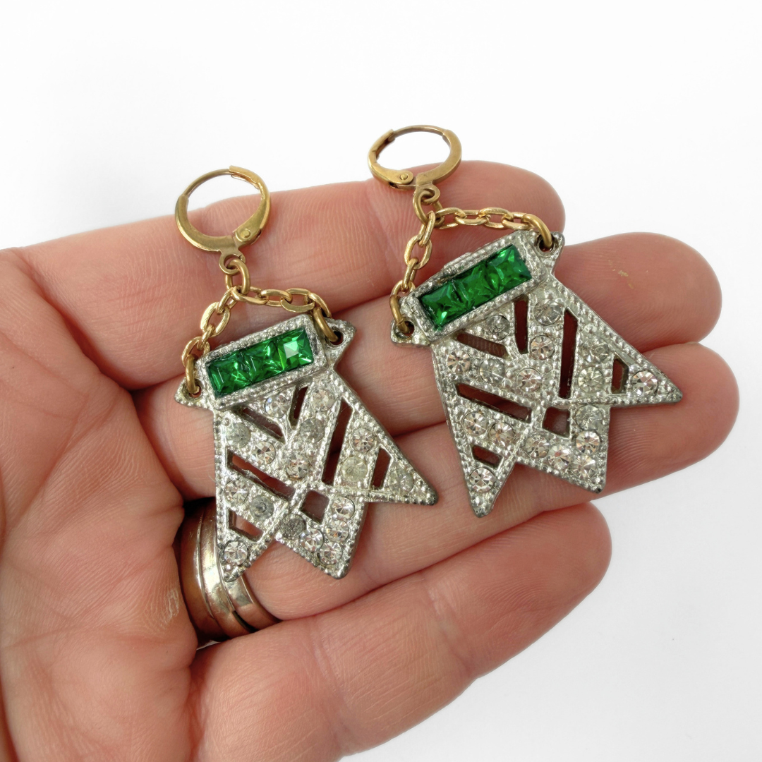 Vintage Art Deco clear and green rhinestone statement earrings