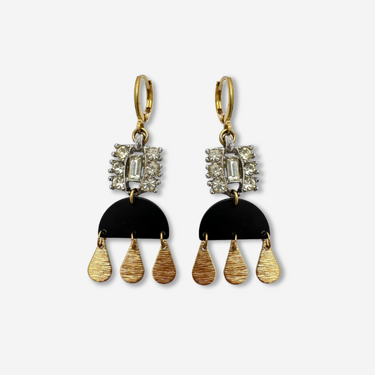 Clear rhinestone, matte black, and brass teardrop vintage assemblage earrings