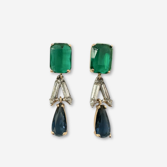 Refashioned vintage navy blue, green, and clear rhinestone cascading earrings