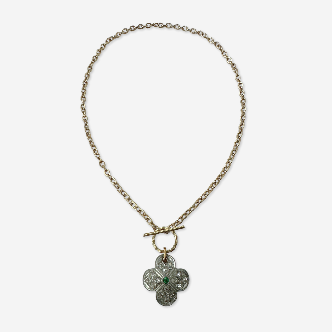 Vintage art deco quatrefoil rhinestone pendant with toggle clasp