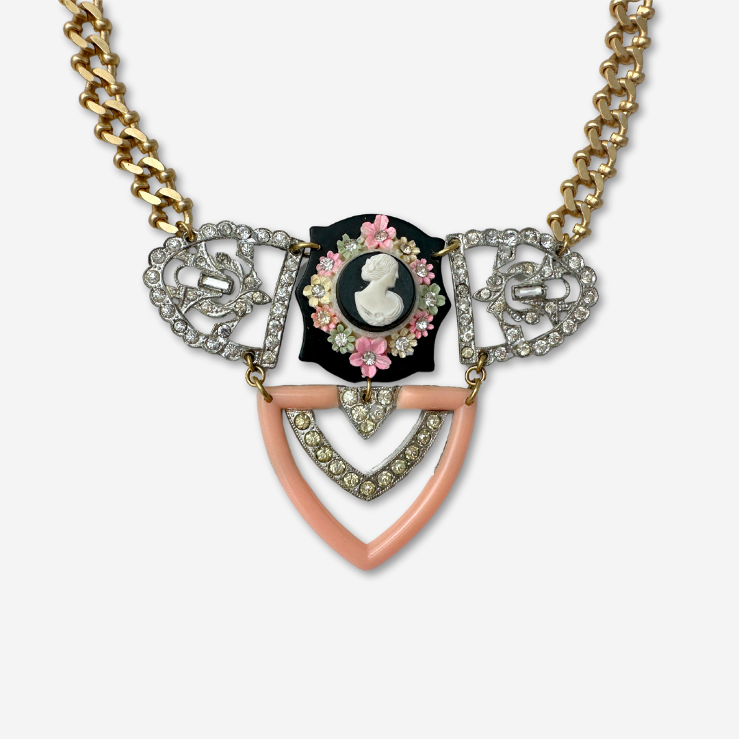 Repurposed vintage pink and black rhinestone cameo assemblage necklace