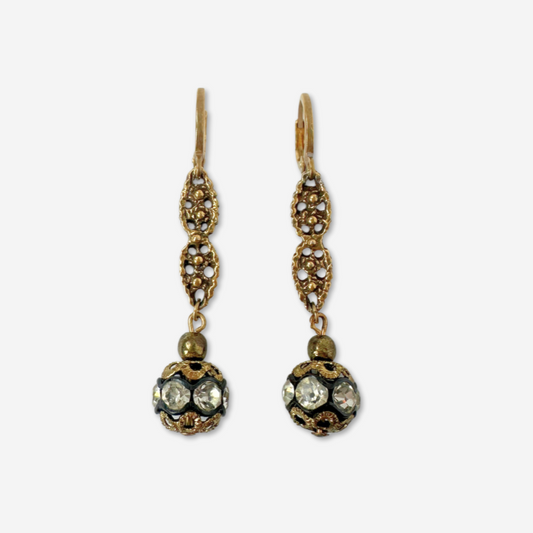 Refashioned clear vintage rhinestone and antique brass filigree long earrings