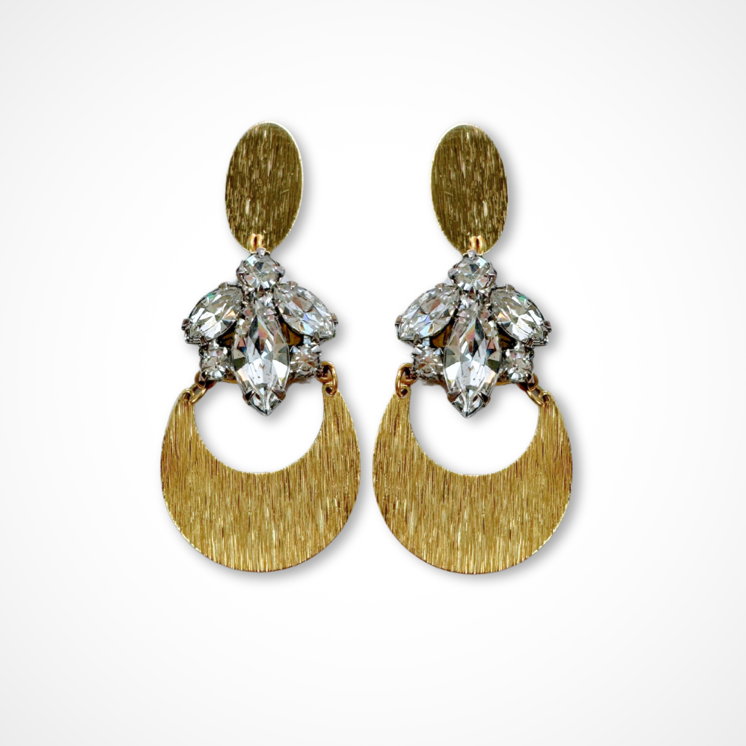 Refashioned vintage clear rhinestone earrings with shiny brass crescent and oval posts