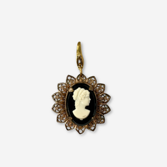 Vintage black and white cameo charm with antique brass fiigree setting