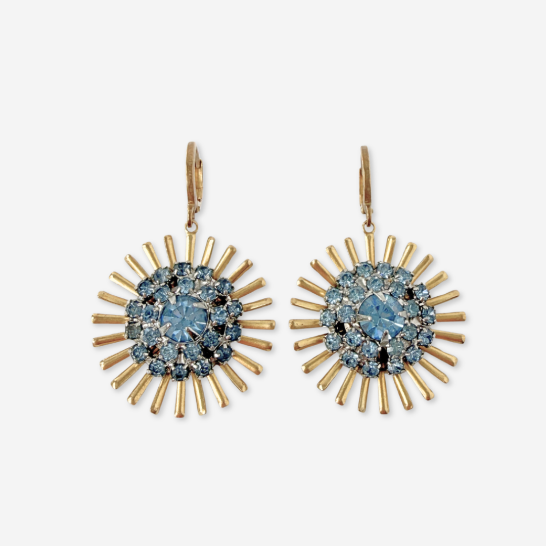 Brass sunburst earrings with ice blue vintage rhinestone centers