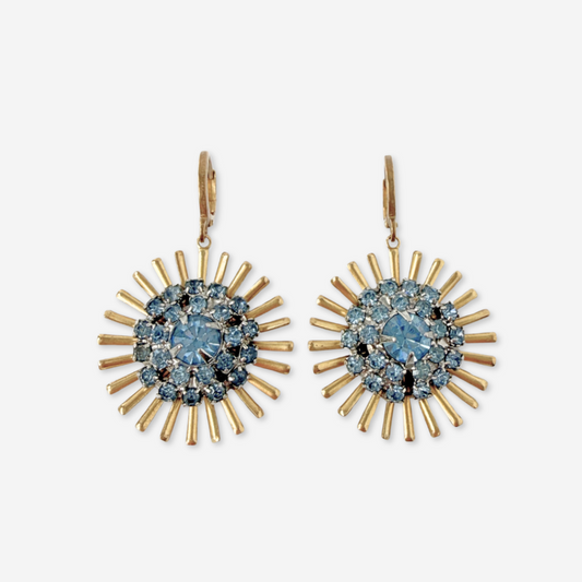Brass sunburst earrings with ice blue vintage rhinestone centers