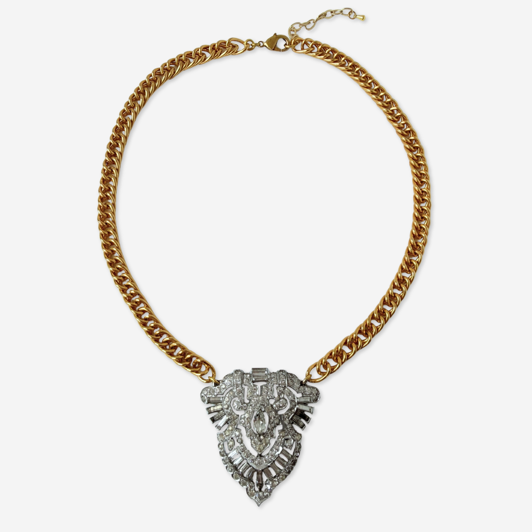Large refashioned vintage deco rhinestone pendant necklace