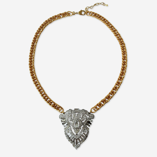 Large refashioned vintage deco rhinestone pendant necklace