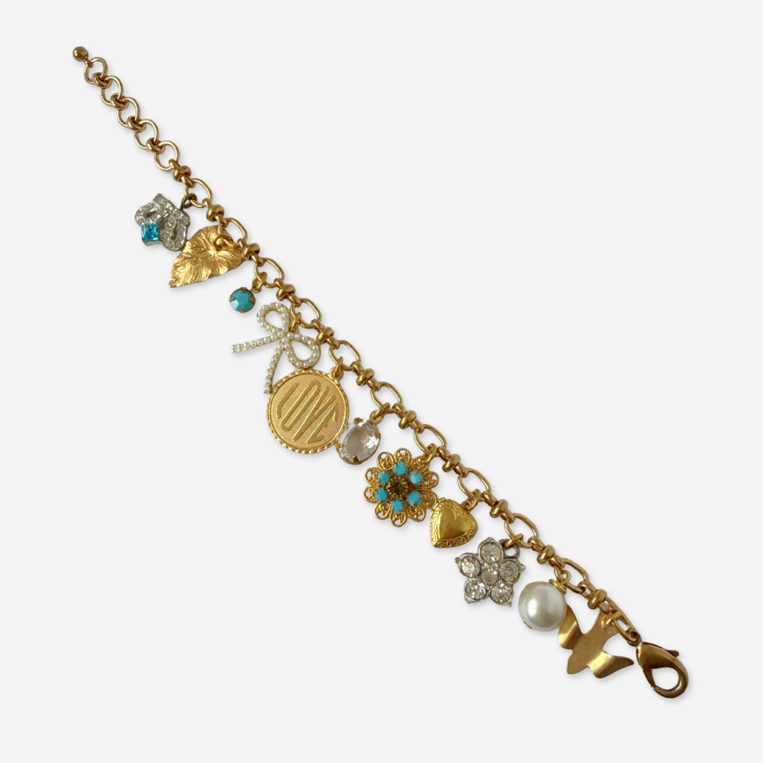 Refashioned vintage gold and turquoise mixed charm bracelet