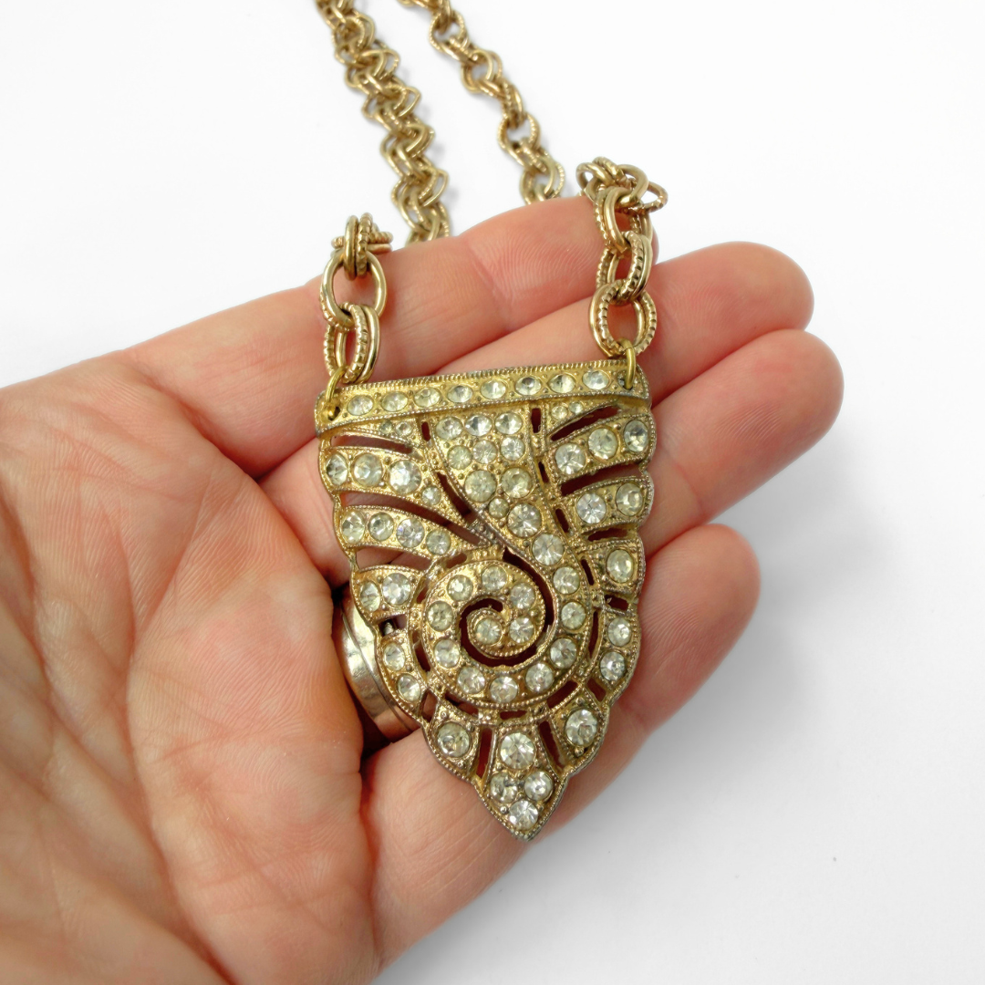 Refashioned vintage clear rhinestone deco pendant necklace