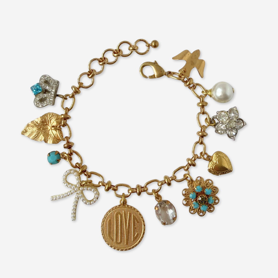 Refashioned vintage gold and turquoise mixed charm bracelet