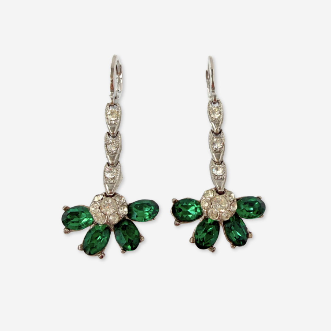 Refashioned vintage clear and emerald rhinestone fan drop earrings