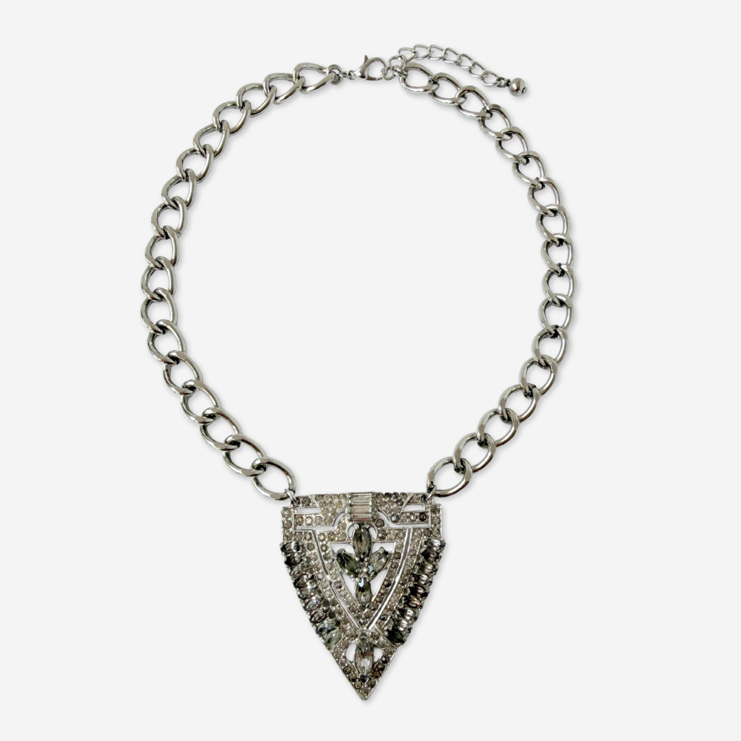 Refashioned vintage art deco rhinestone pendant with steel curb chain