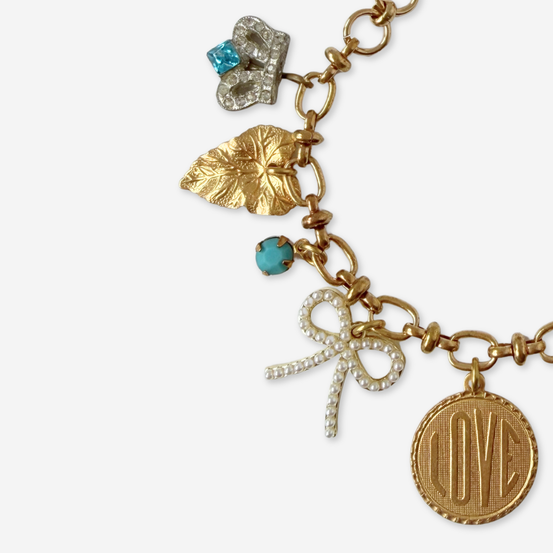 Refashioned vintage gold and turquoise mixed charm bracelet