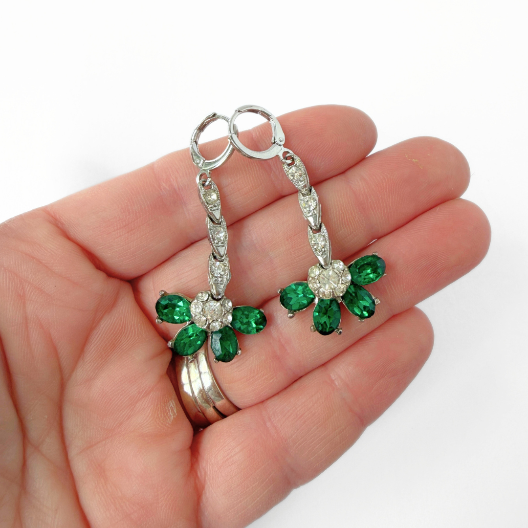 Refashioned vintage clear and emerald rhinestone fan drop earrings