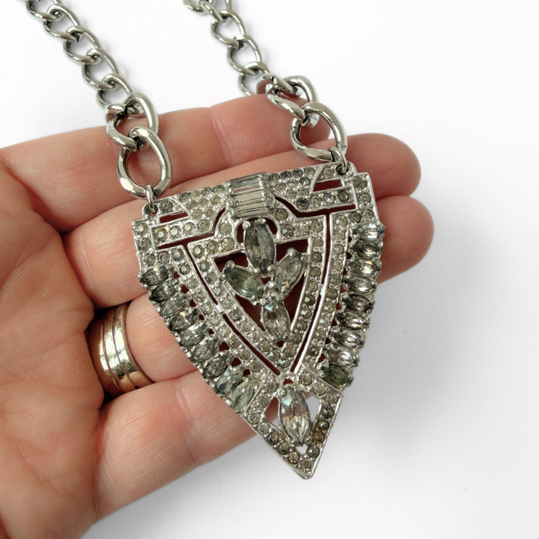 Refashioned vintage art deco rhinestone pendant with steel curb chain