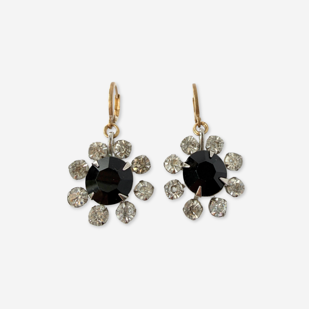 Refashioned vintage black and clear rhinestone sunburst drop earring