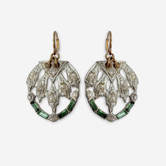 Vintage Art Deco clear and green rhinestone statement earrings