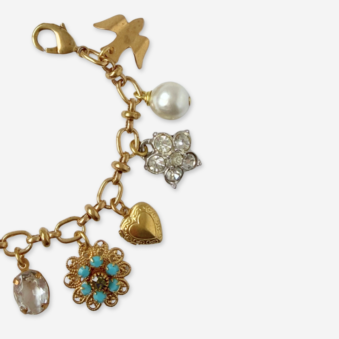 Refashioned vintage gold and turquoise mixed charm bracelet