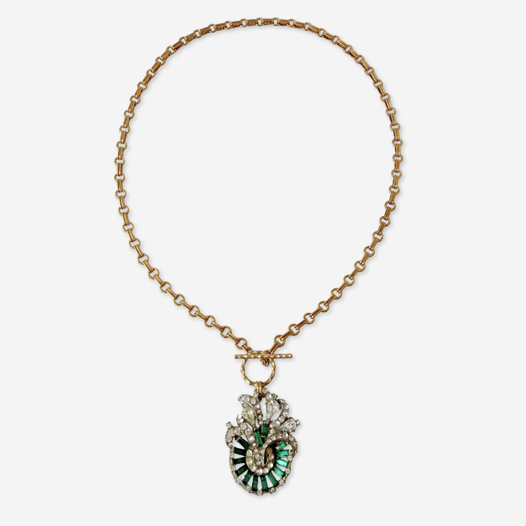 Vintage clear and emerald rhinestone deco pendant with brass chain and toggle