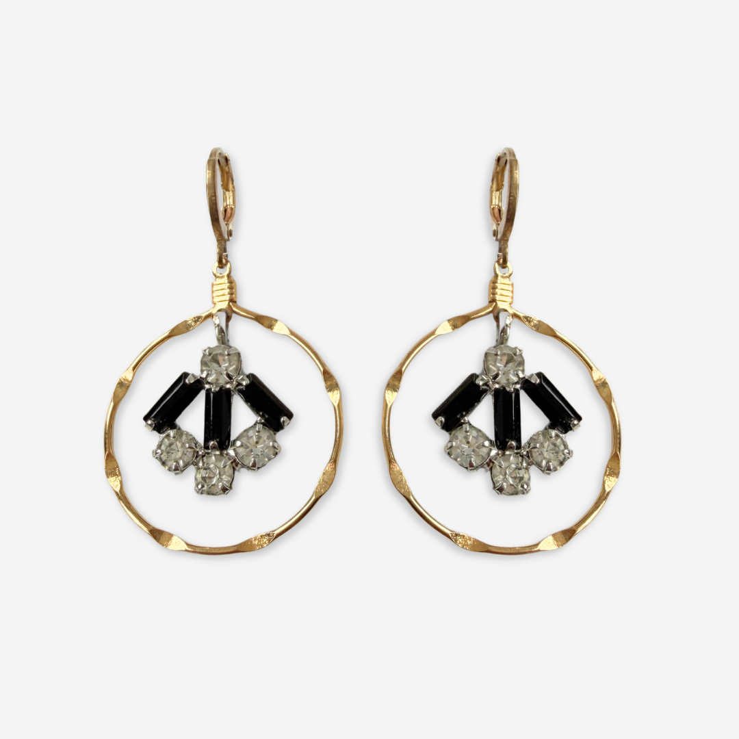 Gold plated hoop earrings with vintage black rhinestone center drops